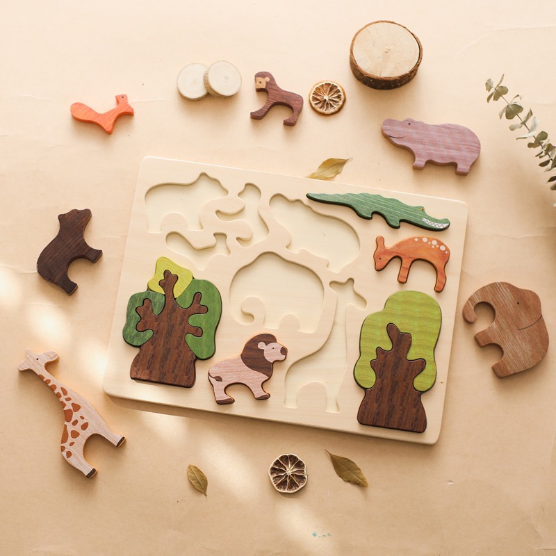 Educación temprana para bebés, rompecabezas de animales tridimensionales de madera, paneles apilados, escenas de bosque, juguetes de agarre de mano