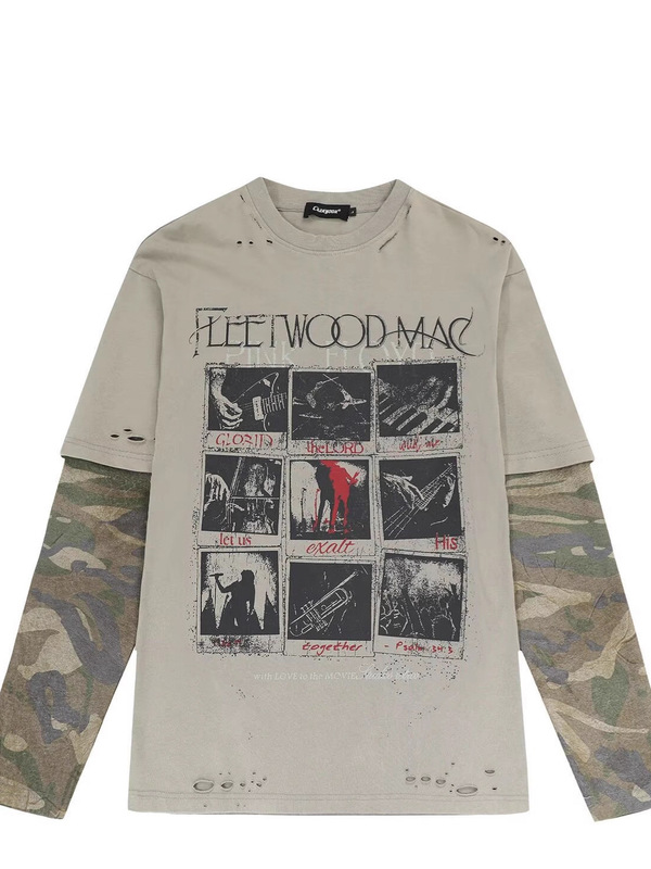 Spring 2025 American vintage faux layered long sleeve t-shirt men loose camo paneled