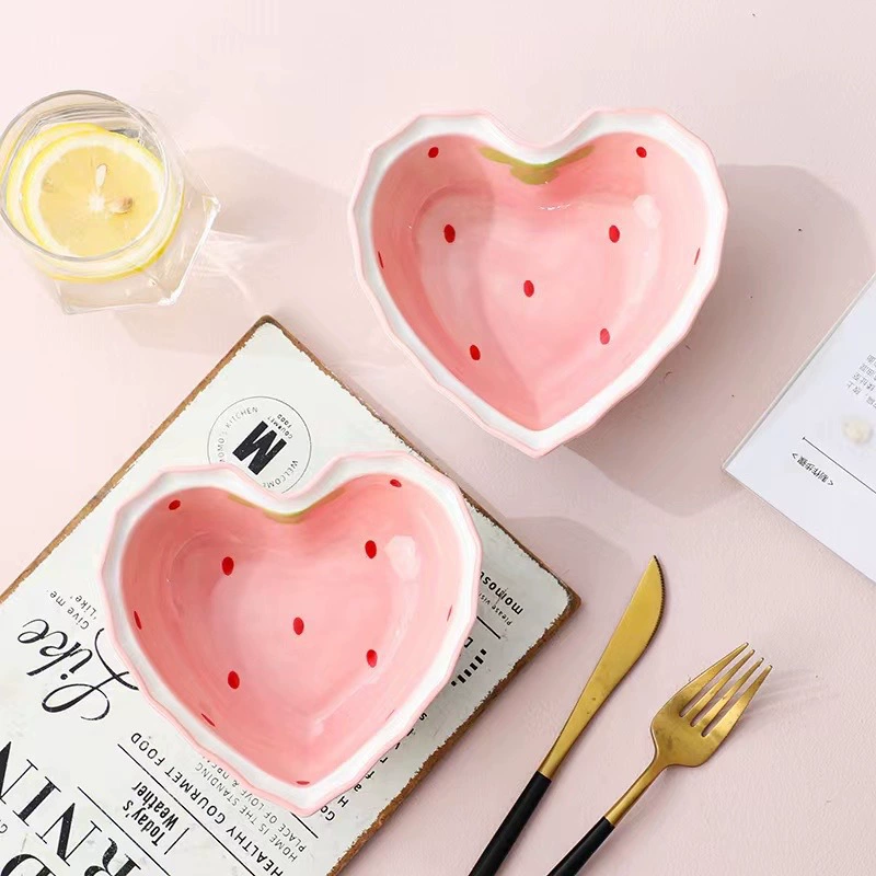 Ceramic strawberry heart bowl, 6‑inch dessert and salad bowl, pink glazed gift bowl