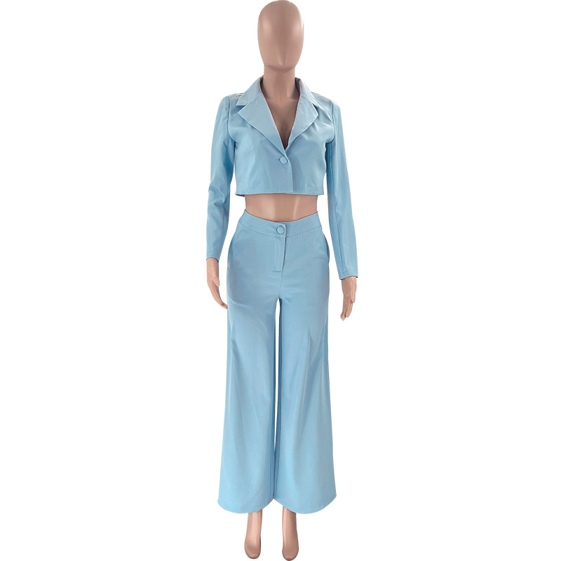 Autumn Winter Solid Color Short Long Sleeve Small Suit High Waist Wide Leg Pants Suit
