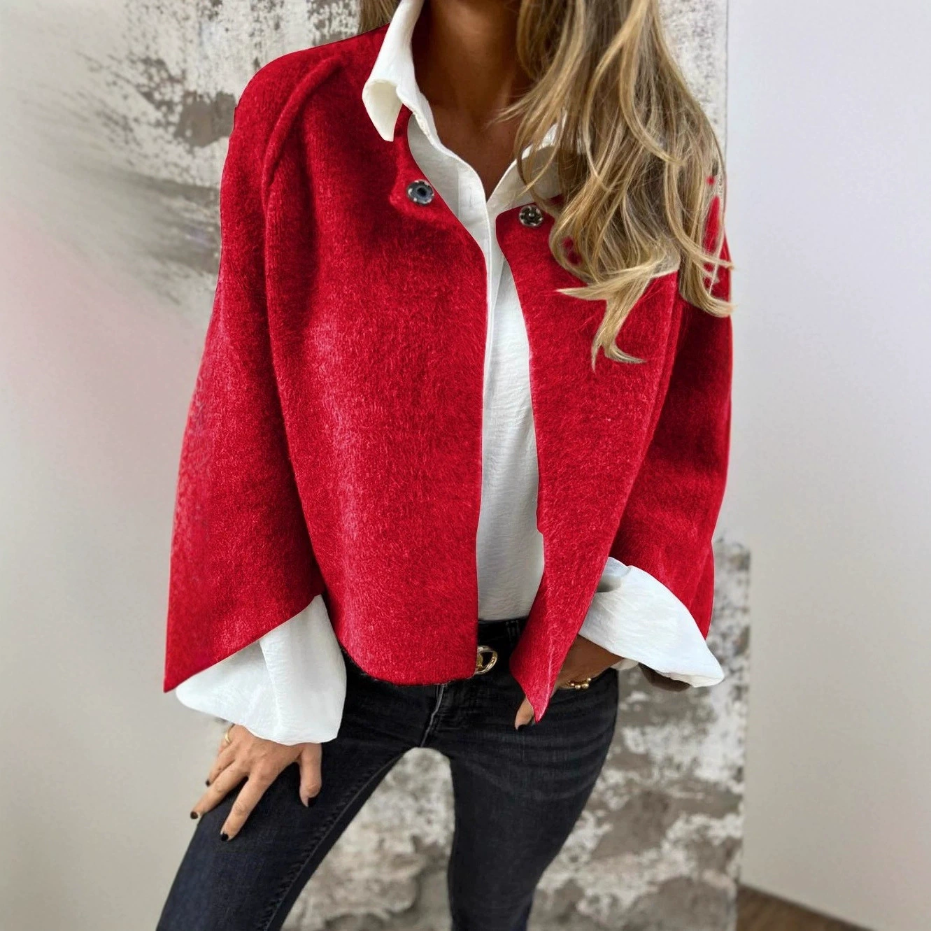 Демисезонная короткая кашемировая куртка с длинным рукавом, AliExpress, свободный крой