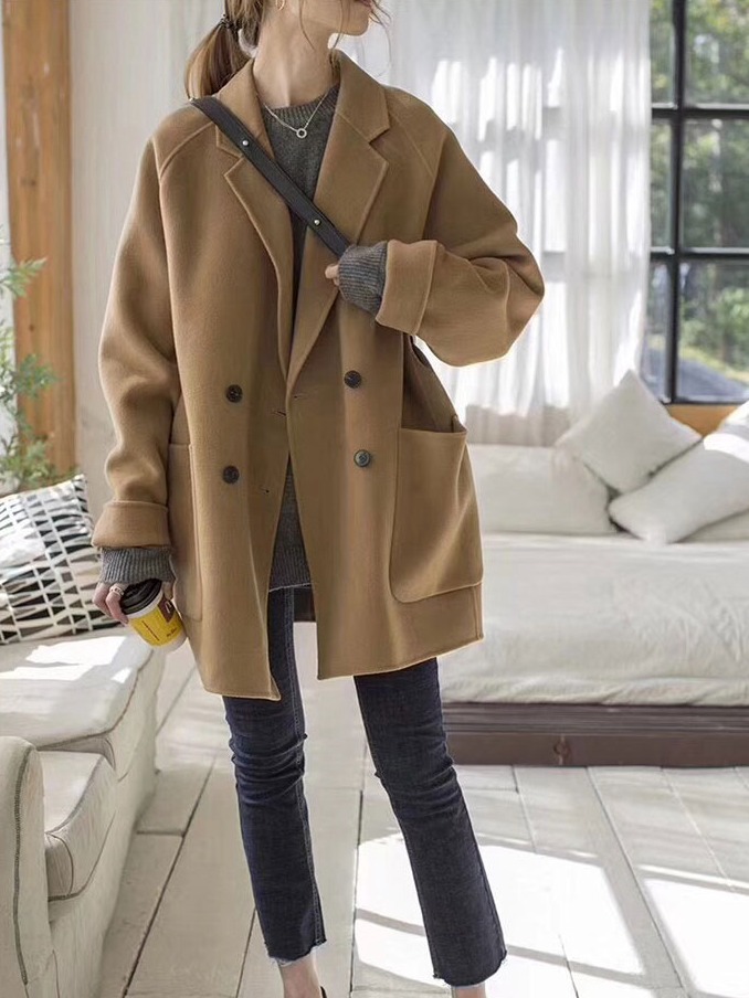 小柄な女性向け両面カシミヤコート、ミドル丈、2025年冬新作、上品で高級感のあるゆったりとしたウールコート