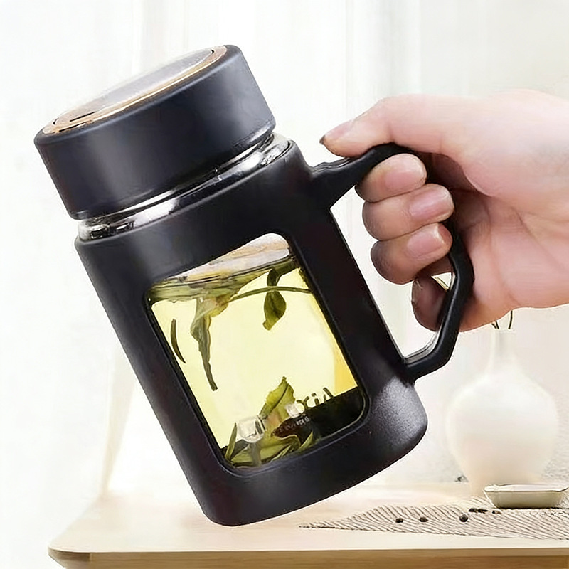 Simple Glass Cup with Handle, Large Capacity Water Cup, Office and Home Use Plastic Double-Layer Water Cup, Business Gift Cup