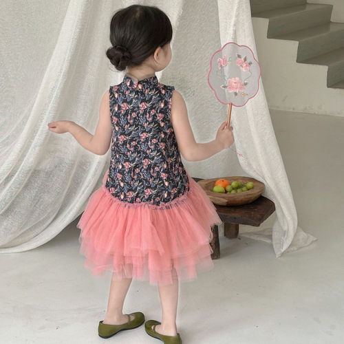 2024 new summer children's clothing, girls' floral patchwork cheongsam skirt, patchwork cake gauze skirt, cheongsam skirt