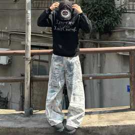 美式复古高级感3D打印牛仔裤男潮牌情侣宽松直筒慵懒风阔腿裤