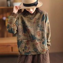 古咖服饰复古印花棉麻夹棉棉衣女式拼接螺纹加厚套头卫衣棉服棉袄