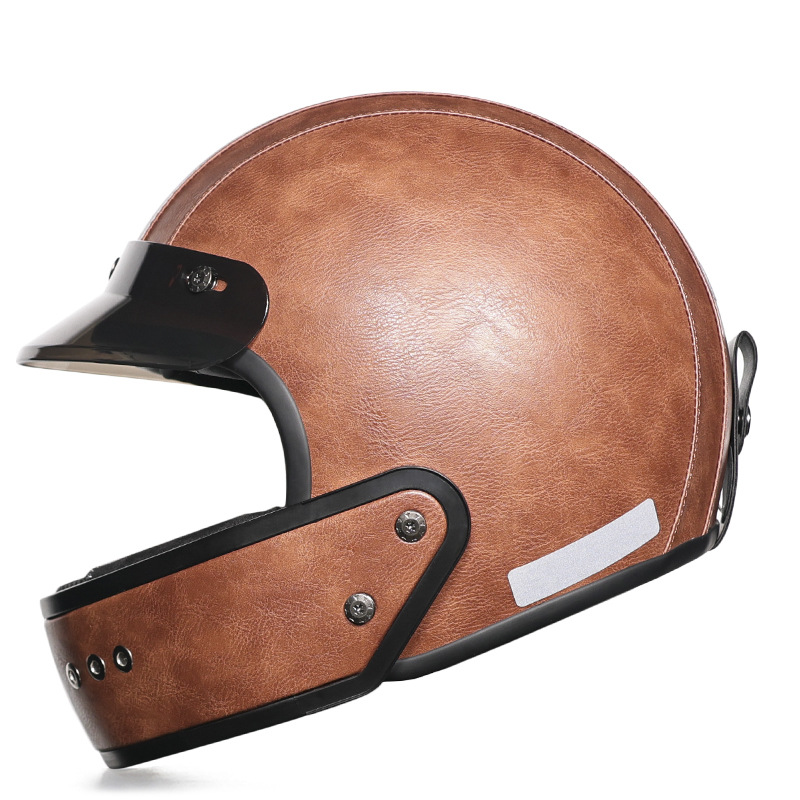 Casco retro forro de cuero motocicleta casco completo mentón extraíble vespa locomotora hombres y mujeres peso ligero pequeña carcasa