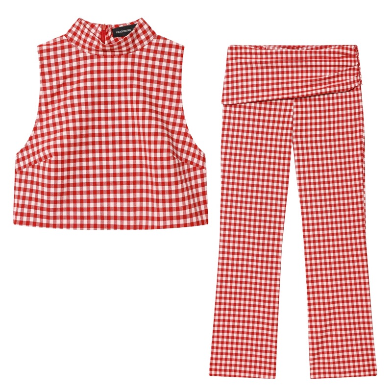 Cross-Border Wholesale Women's New Style Sleeveless High-Neck Plaid Top 2180039 Mid-Waist Capri Pants 4661418