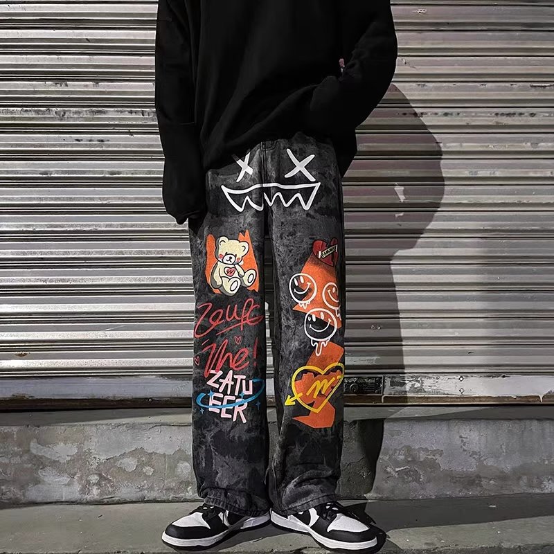 Diablo High Street Style Ins Graffiti Cartoon Print Daddy Jeans Men's Trendy Brand Hip-Hop Loose Pants Diablo High Street Style Ins Graffiti Cartoon Print Daddy Jeans Men's Trendy Brand Hip-Hop Loose Pants