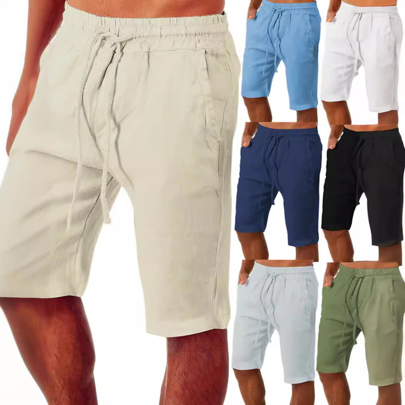 2022 Amazon wish Foreign Trade Men's Loose Cotton and Linen Drawstring Pants Solid Color Casual Sports Jogging Shorts