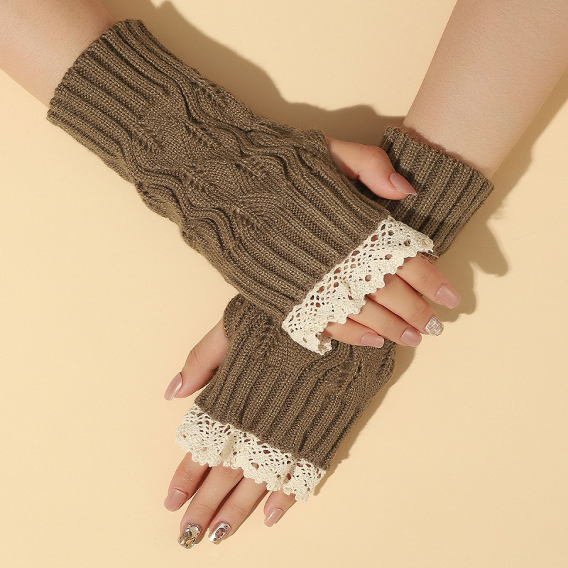 Autumn and Winter new acrylic knitted lace wrist gloves milk tea color wool gloves female leaves fingerless gloves
