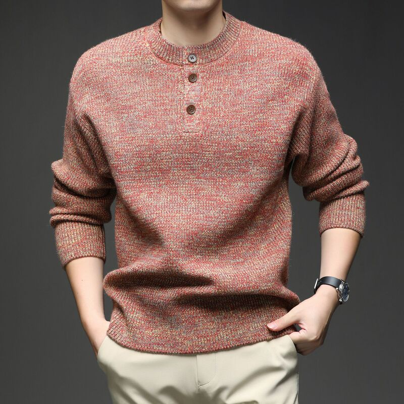 Spring and Autumn Men's Thick Ribbed Knit Sweater, Crew Neck Pullover with Three Buttons, Men's Cross-Border