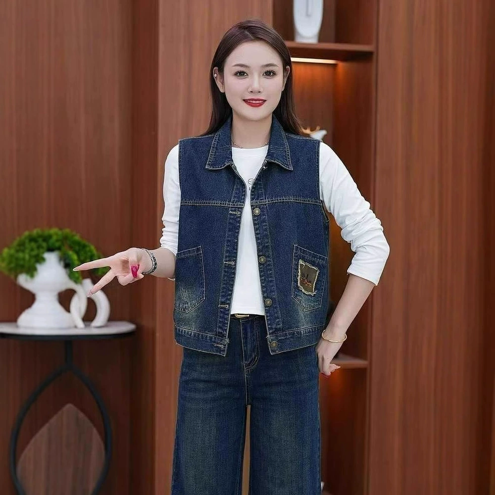 Буквенно-вышитый жилет весной и летом новый модный простой ленивый ленивый расслабляющий стирка мягкой джинсовой жакет дикий жакет женский