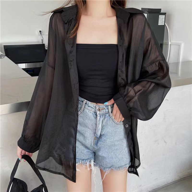 Hilo de perlas de diseño delgado micro-transparente de manga larga abrigo protección solar camisa Alibaba red al por mayor 1688