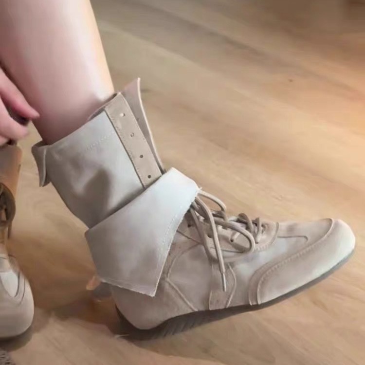 羊皮版~复古设计感圆头内增高系带短靴女2025新款休闲透气马丁靴