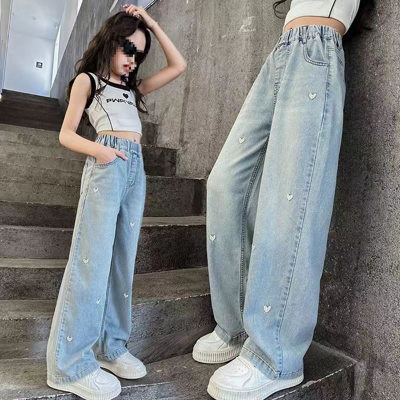 女童秋季裤子大童夏装直筒宽松阔腿裤休闲百搭洋气儿童牛仔裤潮流