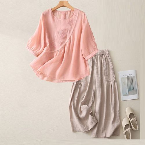 Summer New Fashion Set Round Neck Five-Pointer Short Sleeve Cotton Linen Embroidery Literary Slimming Retro Loose Casual Pants