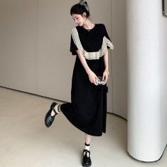 60021 #2025夏の新型/黒のつなぎ合わせは色のハスの葉の縁のワンピースの女性のカジュアルな年齢を減らしますtシャツのスカート