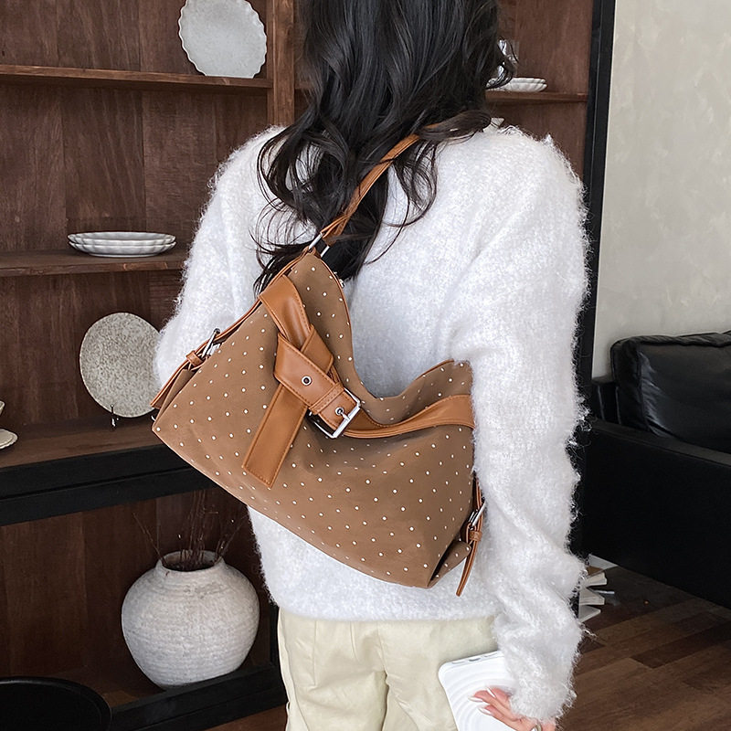 Túi tote nữ họa tiết chấm bi cỡ lớn, túi đeo vai và đeo chéo dung lượng lớn — màu cà phê, màu hồng, màu nâu, đen chi tiết 18