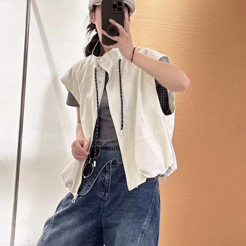 Designed Drawstring Stand Collar Stripesd Vest for Women 2025 Early Autumn Loose Casual Layered Sleeveless Style Jacket Trendy Designed Drawstring Stand Collar Stripesd Vest for Women 2025 Early Autumn Loose Casual Layered Sleeveless Style Jacket Trendy