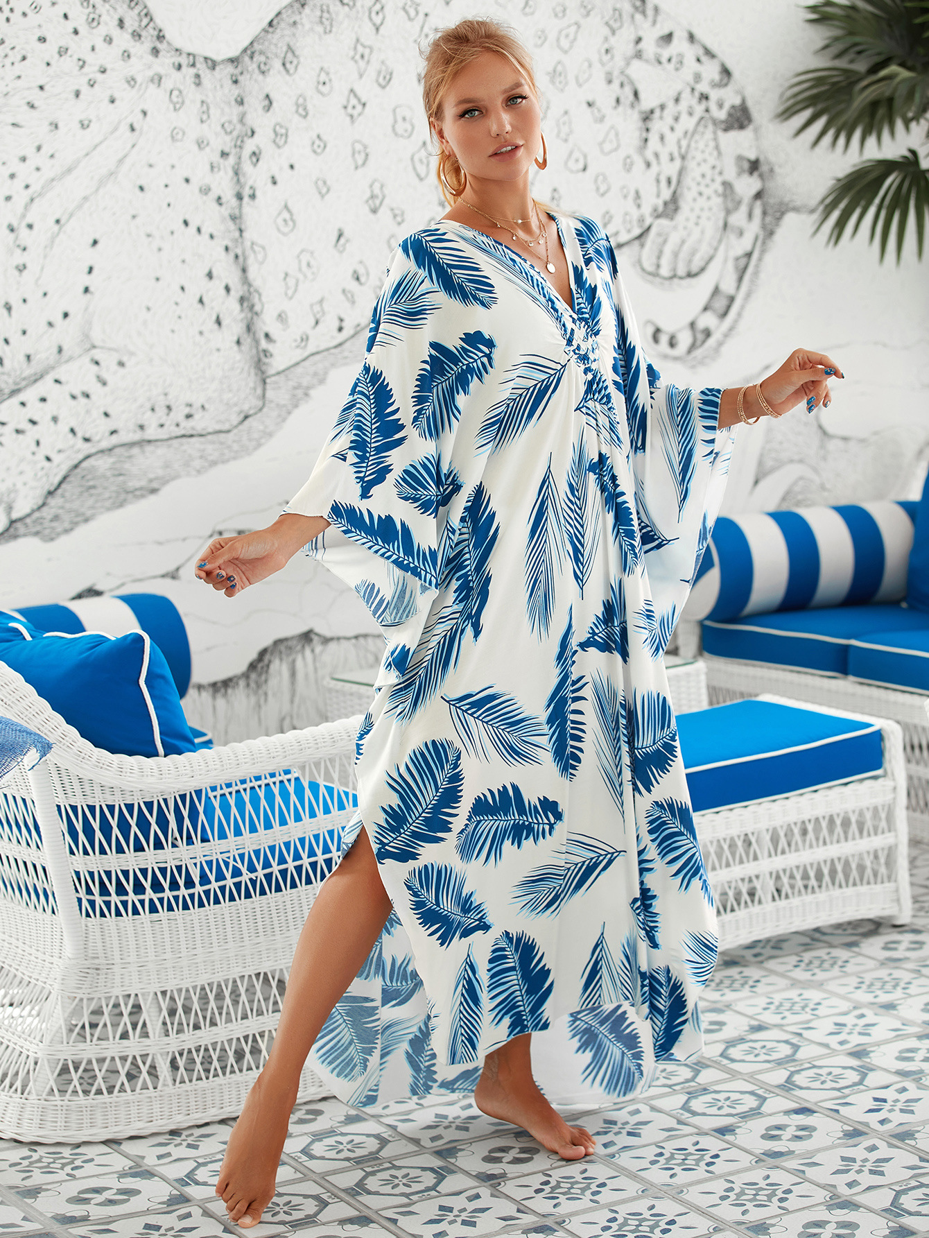 224g Weight Sunscreen Shirt Outerwear Type 3/4 Length Sleeve Sleeve Length Polyester Fabric Type Long Top Length V Neck Neckline Printing, Leopard Pattern Spring&Summer Season Women's Gender Vacation, Beach Style Women's Printing Leopard Vacation Beach Cover Ups 161