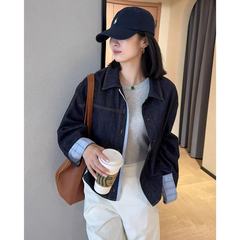 高品质拼接格纹小个子短款天丝翻领牛仔衬衫外套女25秋F0821N