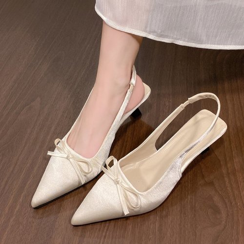 2025 Spring and Autumn French Chic Elegant Satin High Heels for Women, Brown Pointed Toe Open Toe with Bow Detail