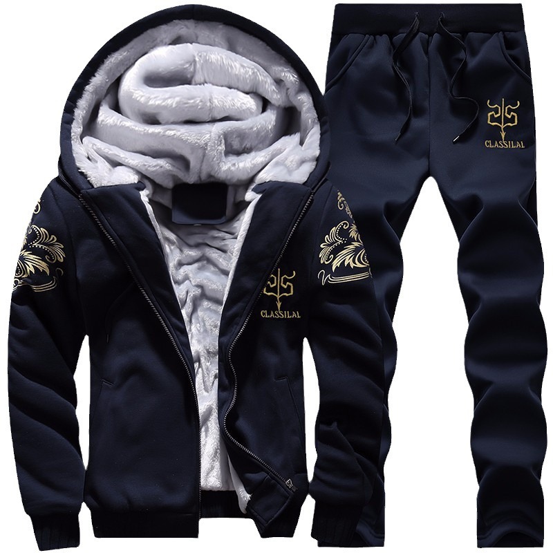 Traje casual transfronterizo para hombre, conjunto de dos piezas grueso con forro polar para invierno, chaqueta cálida con capucha de talla grande para hombre y pantalones largos de exportación.