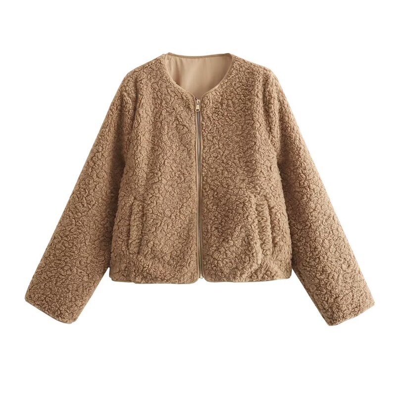 Cross-Border Foreign Trade European and American Style 2026 New Women's Round Neck Long-Sleeve Fleece Zipper Jacket