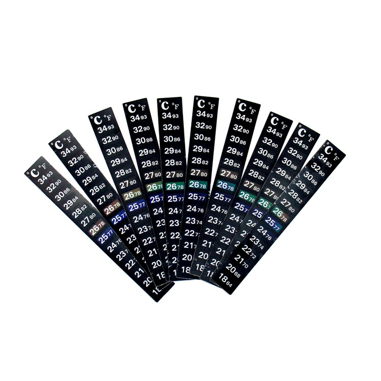 В наличии жидкий кристалл с покрытием, меняющий цвет с помощью клейкой наклейки типа 18-34C по Цельсию по Фаренгейту, термометр для аквариума с двойным дисплеем