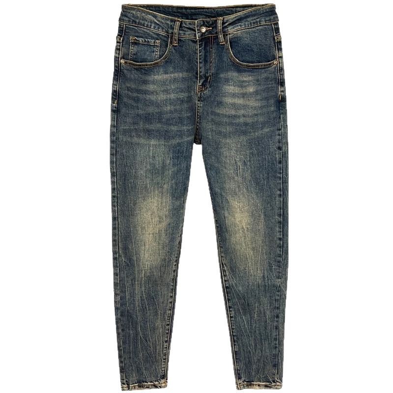 Autumn And Summer New Korean-style Handsome Small-footed Jeans, Slim-fitting, Comfortable, Elastic, Washed And Old-fashioned Nine-point Pants_mkmklike.com