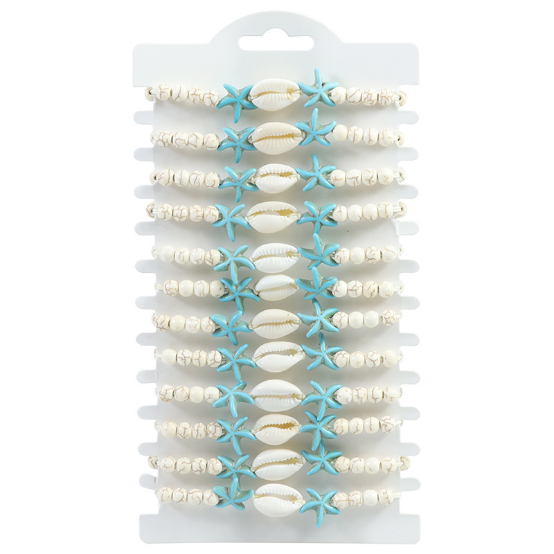 Cross-border Shell Starfish Turquoise Bracelet suit Hand-woven Adjustable Beach Vacation Surfing Hand Rope for Men and Women