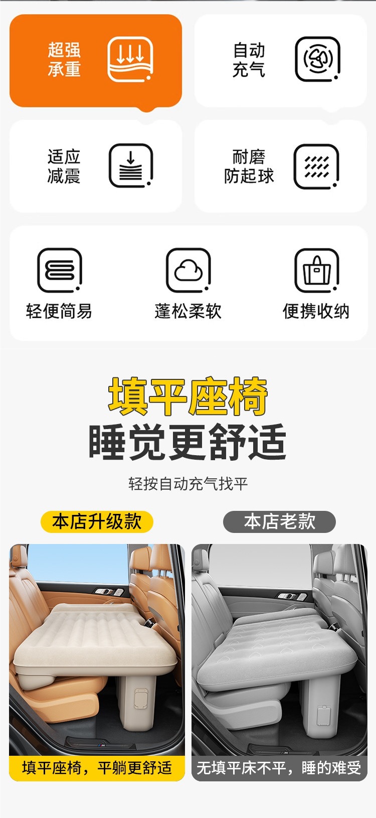 Self-inflating car mattress, rear seat sleeping pad for cars, a magical tool for sleeping in the car, flattens out the rear seat bed