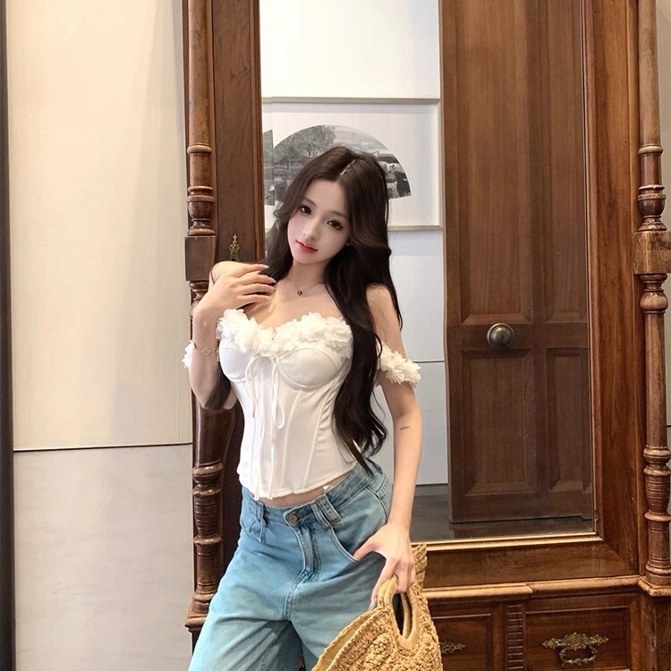 纯欲风辣妹蕾丝花边无袖背心女夏季新款修身显瘦白色抹胸鱼骨上衣|undefined