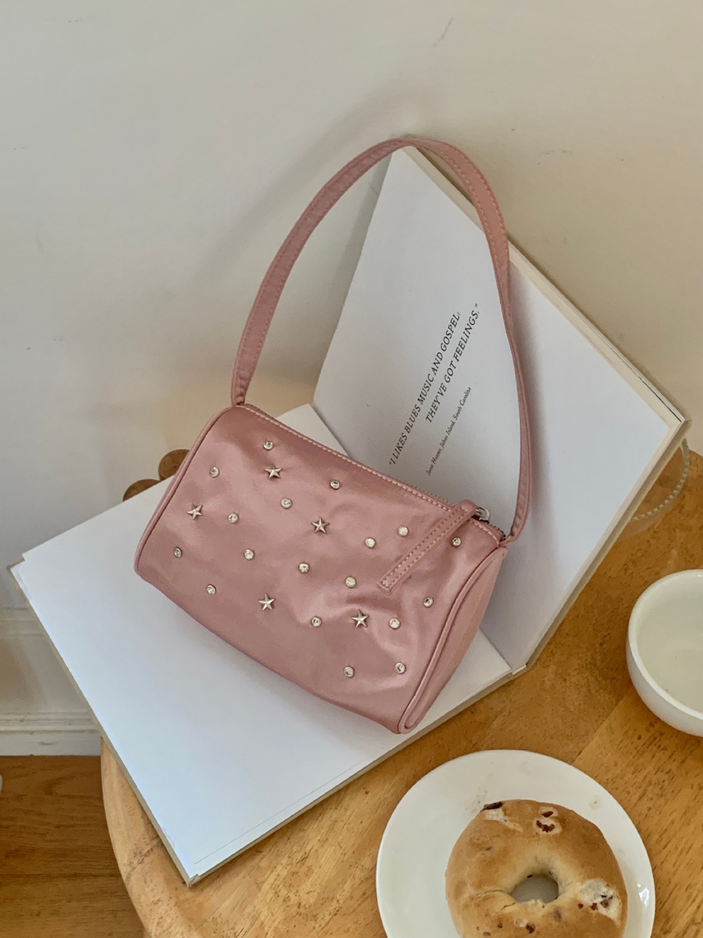 Rhinestone Star Embellished Silk Zip Shoulder Bag 9