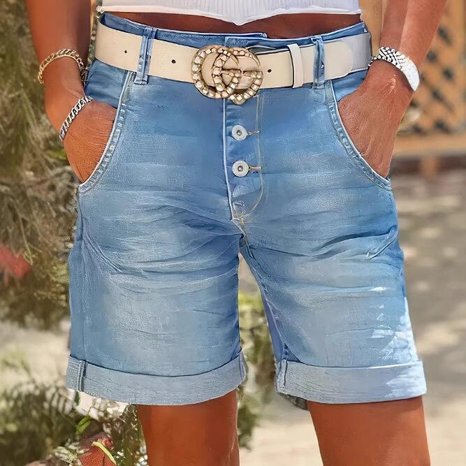 Amazon Cross-Border High Waist Stretch Women's Denim Thin Stretch Casual Versatile Straight Curled Denim Shorts for Women