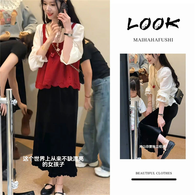 秋季时尚搭配一整套女韩系镂空吊带针织马甲衬衫半身裙三件套装潮|undefined