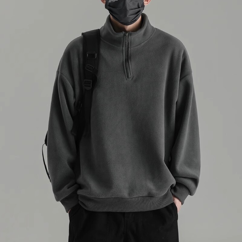 Half-Zipper Austrian Grain Fleece Collar Sweatshirt Men's Spring and Autumn Japanese Style Retro Solid Color Outerwear Thick Coat Double-sided Fleece Top Half-Zipper Austrian Grain Fleece Collar Sweatshirt Men's Spring and Autumn Japanese Style Retro Solid Color Outerwear Thick Coat Double-sided Fleece Top