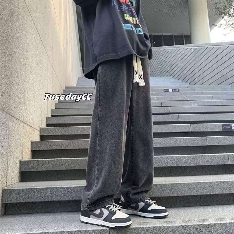 Ripped heavy craft embroidered jeans men's American hiphop retro loose wide-leg pants straight high street long pants