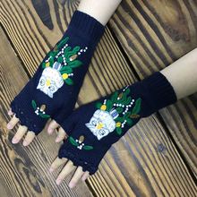 跨境 ins风韩版秋冬新款刺绣猫头鹰加长款手套女式针织手套