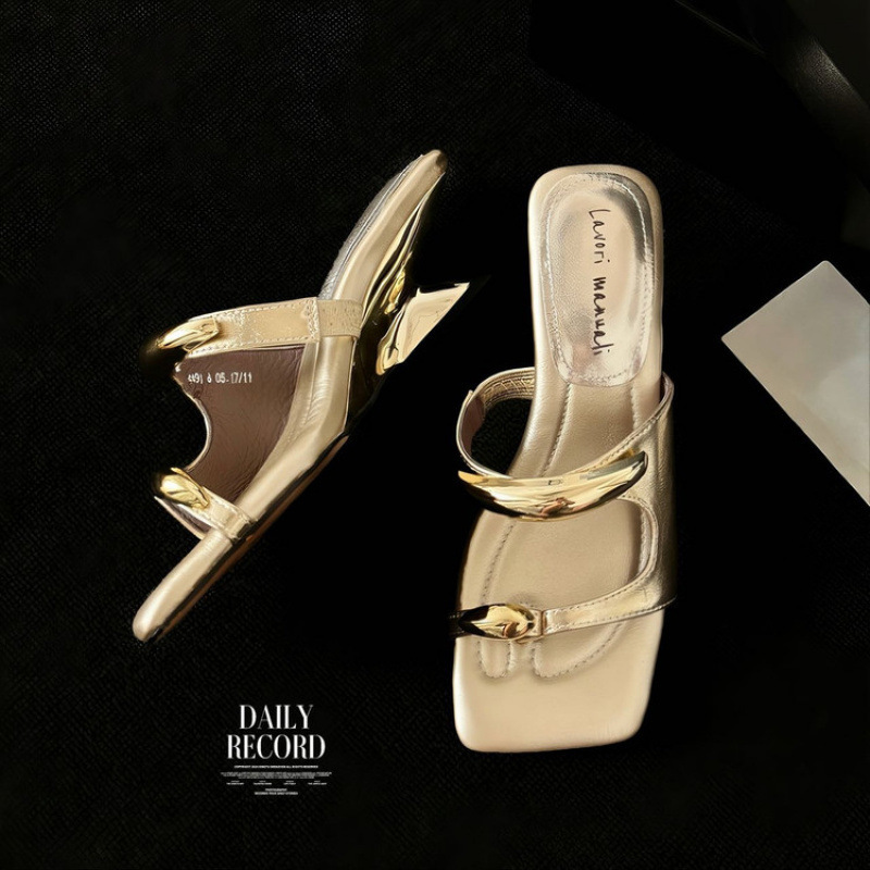 5cm High Heel Special-Shaped Heel Slip-On Sandals for Women Goatskin Silver Outdoor Wear Holiday Open-Toe Flip-Flops Summer New Style