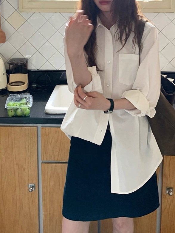 经典纯色基础长袖衬衫春秋女翻领2025新款百搭文艺衬衣上衣|undefined