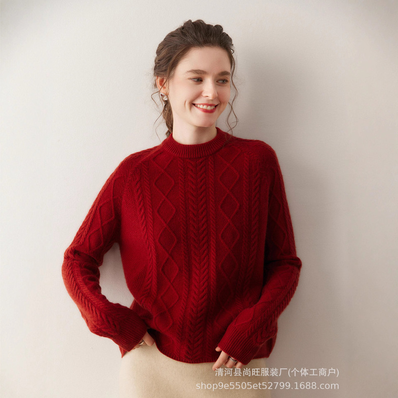 Wholesale Thickened Retro Twist Half Turtleneck Cashmere Sweater for Women Autumn and Winter Lazy Style Loose Warm Knitted Bottoming Sweater Trendy