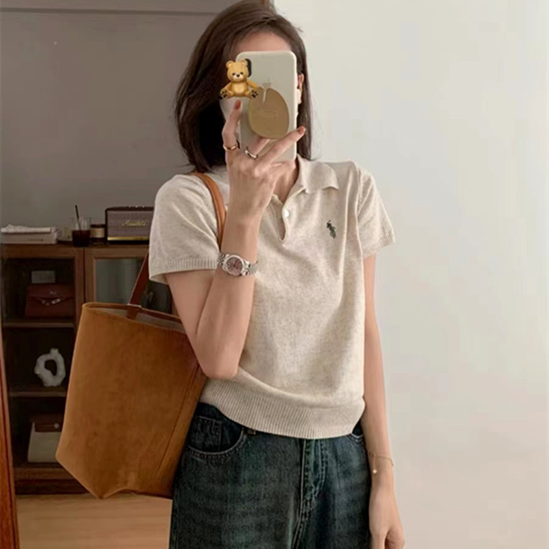 apricot Polo Collar Short-sleeved T-shirt Women's Summer Small Lar Knit Shoulder Embroidered Loose Short Top