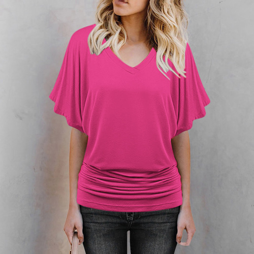 Plus-size women's solid-color V-neck batwing sleeves pleated hem loose casual short-sleeved top