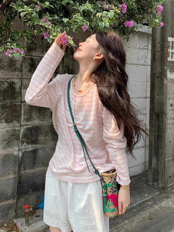 韓国シックなピンクのストライプのサスペンダートップ女性の夏の日焼け止めブラウス長袖Tシャツ薄手|undefined
