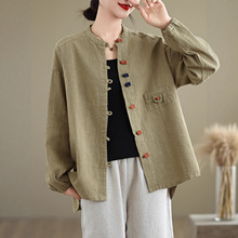 棉麻长袖衬衫外套女士春秋2025新款妈妈洋气宽松休闲亚麻开衫上衣