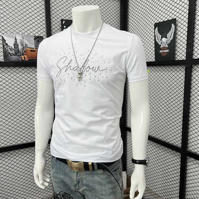 Men's Slim Fit Short Sleeve T-Shirt Heavy Duty Rhinestone And Letter Crew Neck Fashion Top New Arrival Summer_viptrois.com