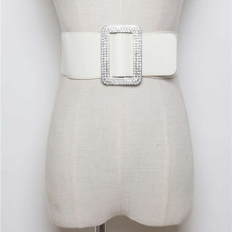 Moda todo partido flash diamante plata hebilla cuadrada cintura elástica pu cuero corsé cinturón con vestido ancho cintura sello de una sola pieza entrega