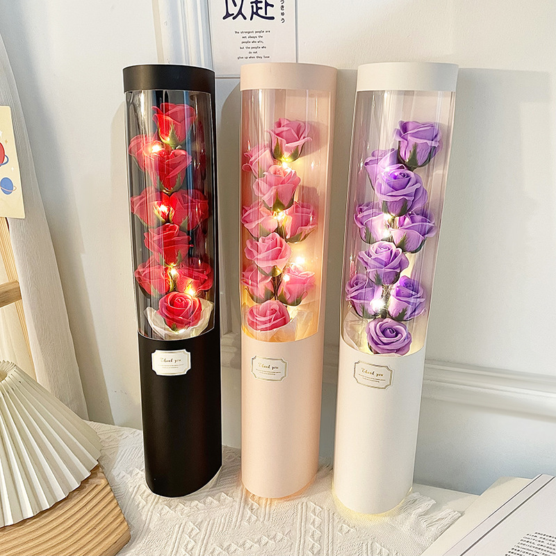 New soap simulated flower hug bucket bouquet round long paper tube eternal flower flower box to go to Chinese Valentine's Day graduation season gift
